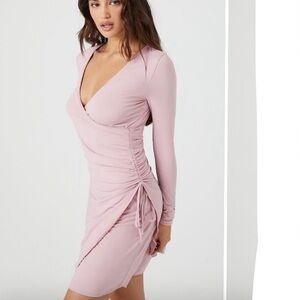 NWT Light Blush Pink Nylon Long Sleeve VNeck Cut Ruched Side Dress Juniors Small